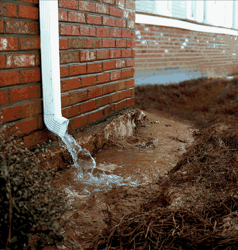 Water flowing from a white downspout onto muddy ground near a red brick house foundation.