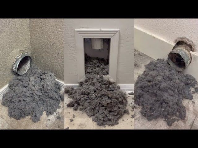 Three views of a dryer vent clogged with a large accumulation of lint spilling onto the floor.